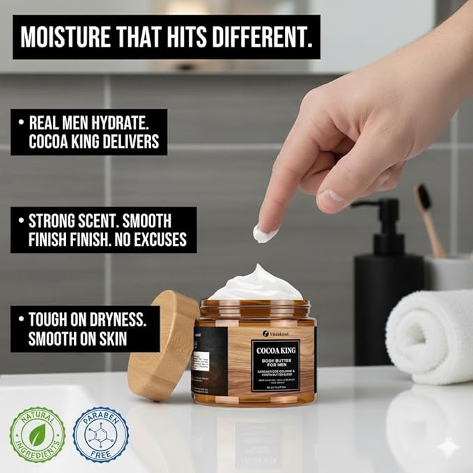 Body Butter for Men- Cocoa King Body Butter - Cocoa butter and Cologne Scent - 5.26 oz Body Cream Blend