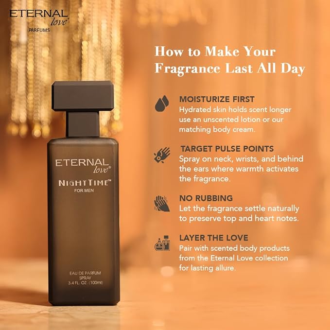 Eternal Love Nighttime for Men - Long Lasting Eau de Parfum Spray - Clean Masculine Fragrance with Rose & Jasmine - Warm Sophisticated Scent - 3.4oz