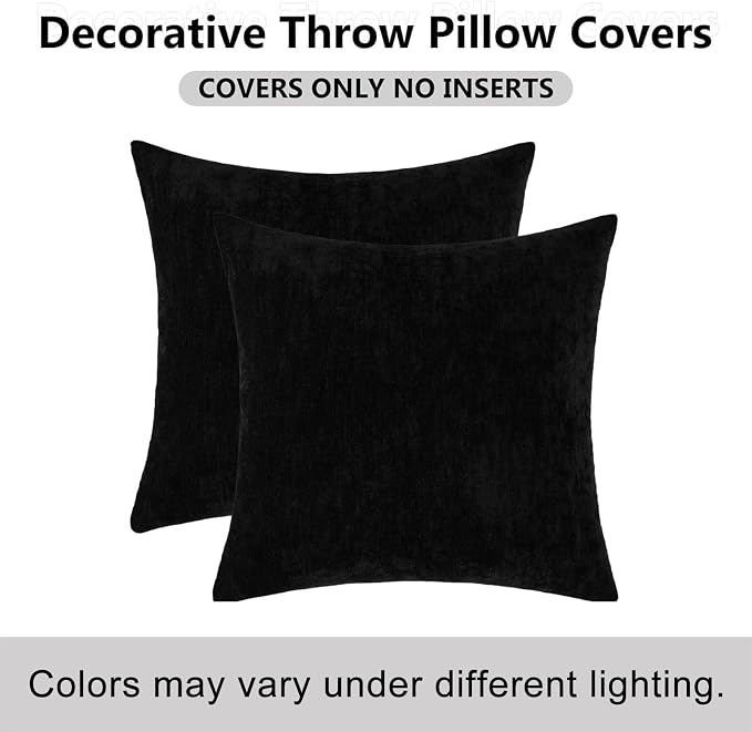decorUhome Soft Chenille Black Throw Pillow Covers 22X22 Set of 2 | Decorative Fall Couch Pillow Covers Solid Dyed Accent Modern Euro Sham Farmhouse Neutral Square Pillow Cases for Sofa