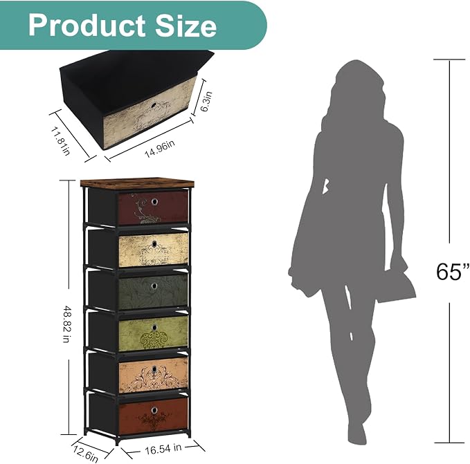 VASICAR 6 Drawers Storage Organizer Cabinet, Decorative Storage Chest, Small Dresser, Stand Nightstand for Bedroom, Living Room, Closet, Entryway, Hallway, Nursery, Dorm