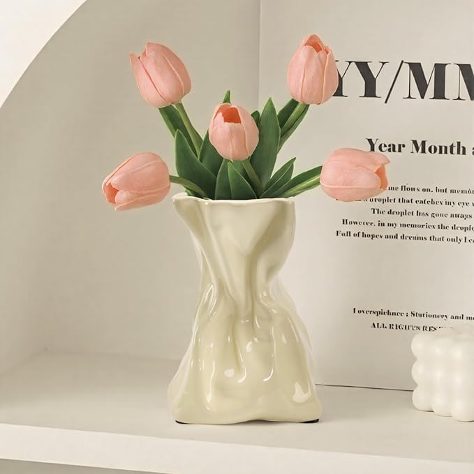 7.6 Inch Glossy Cream Ceramic Vase, Unique Crinkled Paper Bag Vase for Flower, Boho Vases for Home Decor, Wedding Centerpiece Table, Decorative Flower Vases for Entryway, Kitchen, Living Room