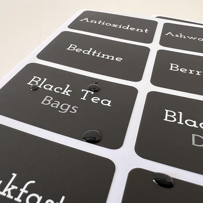Tea Tin Labels, 160 Pre-Printed Waterproof Adhesive Labels, 1.7 x 1.2 Inches, Vinyl Material, Removable