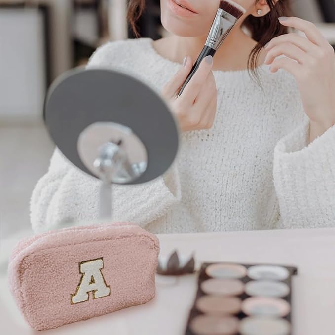 Cute Makeup Bag, Initial Cosmetic Bag, Fuzzy Makeup Bags for Women, Preppy Pink Makeup Pouch with Chenille Letter, Personalized Gifts for Women, Pink A