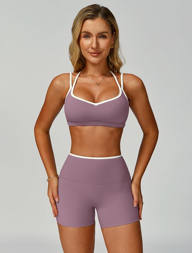 ABOCIW Workout Sets for Women 2 Piece Color Block Strappy Sports Bra High Waist Shorts Gym Yoga Pilates Outfits