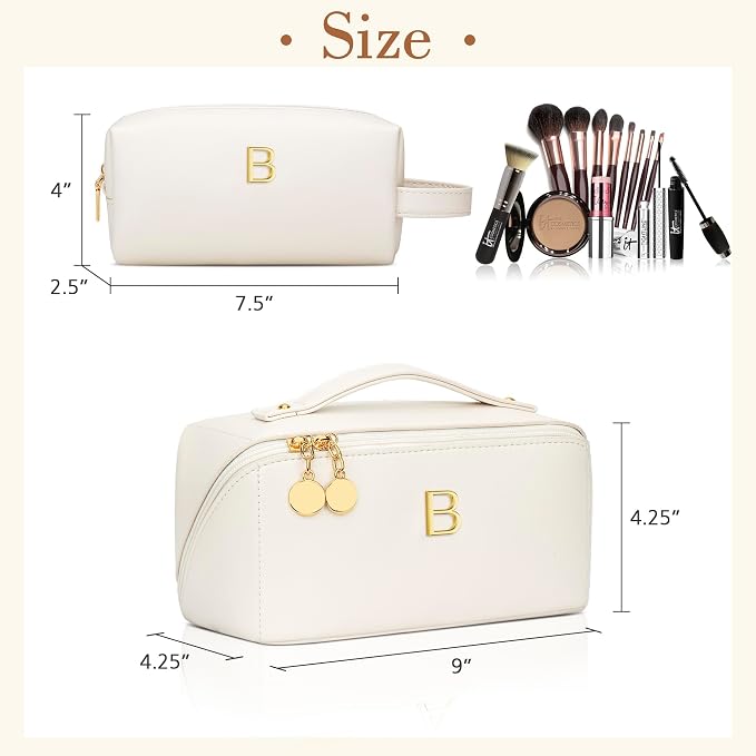 KKXIU Initial Makeup Bag for Women - Personalized Makeup Bag Gifts for Women, Travel Toiletry Bag with PU Leather, Open Flat Design with Top Handle, Cosmetic Bag Set with Multi-Pocket (Beige,B)