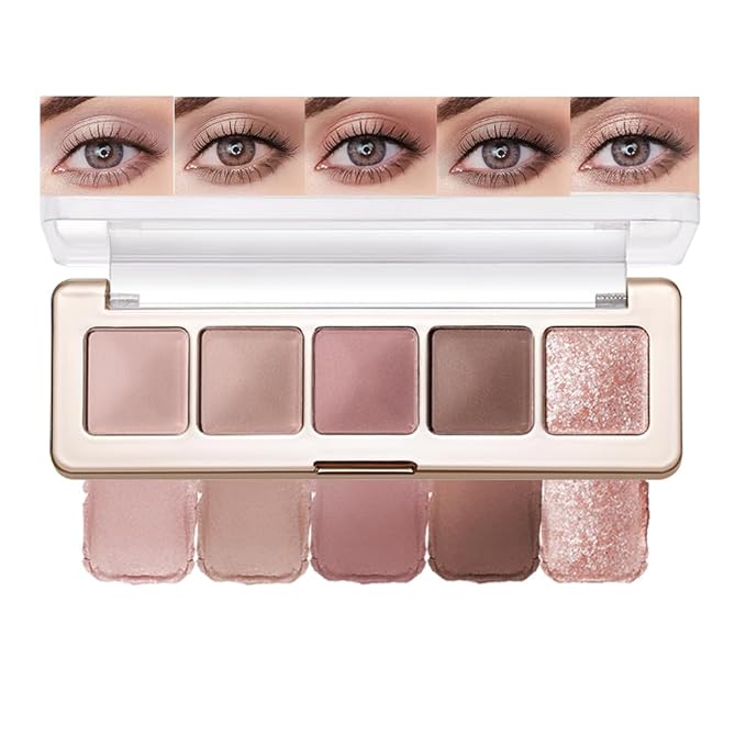 5 Colors Neutral Nude Matte & Shimmer Eyeshadow Palette,Rose Cocoa Brown Pink Neutral-Cool Mattes Glitter Eye shadow Contour Makeup Palette for Mature Women, Blue Green Eyes, Daily Natural Makeup.