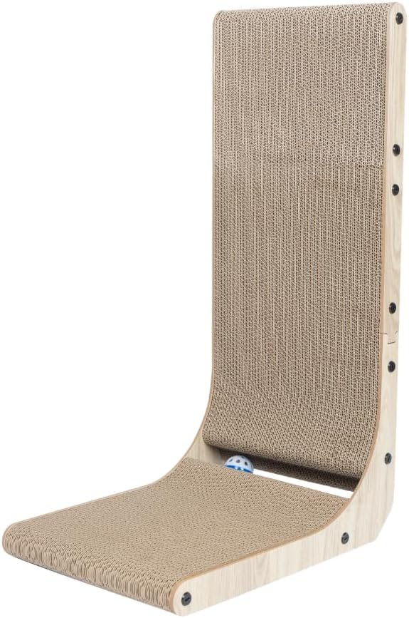 Best Pet Supplies Catify L-Shaped Cardboard Cat Scratcher - H: 26" | 16" x 11" x 26", Ball Toy Included, Durable Corrugated Cardboard, Space Saving Design, Furniture Protector, For Big Cats