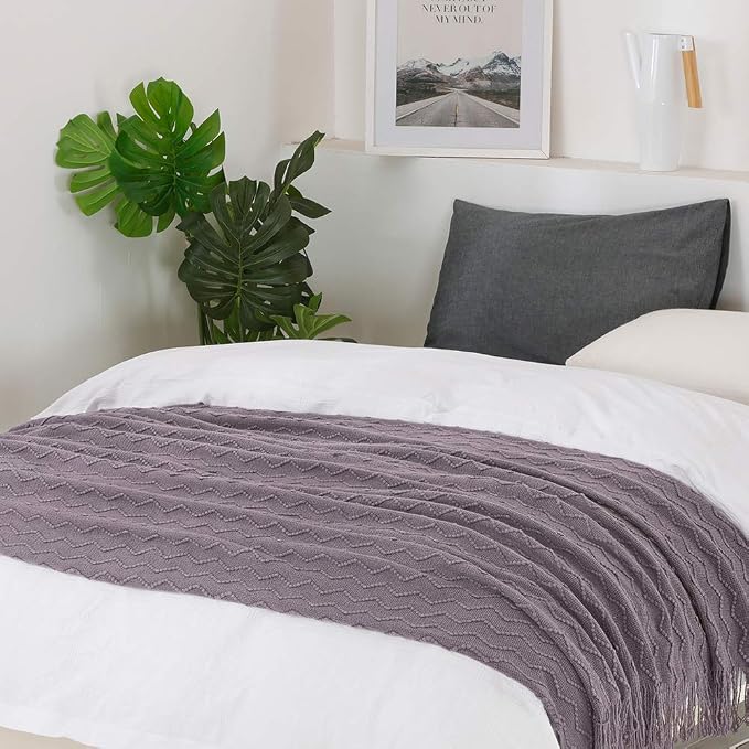 BOURINA Dark Lavender Throw Blanket 50x60 Inch Knit Soft Throw Sofa Blanket | Knitted Throw Blanket 50x60 Inches, Soft Lightweight Boho Weave Throw Decorative Couch Blanket for Living Room Bedroom Chair