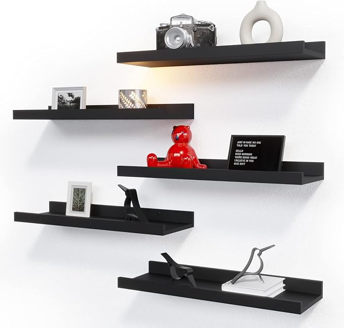RICHER HOUSE 5-Set Floating Shelves with Lip, Black Wall Mounted Wood Shelf | Display Picture Ledge Shelf, Anti-drop lip Shelf for Room Wall Decor, Bedroom Bathroom Storage Nursery Books, Easy Setup 16in
