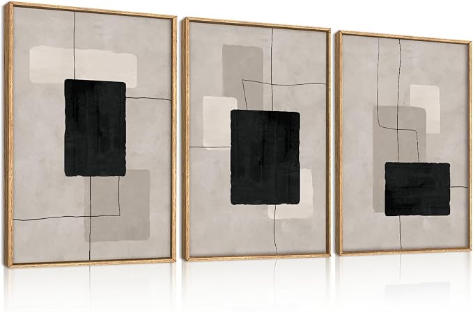 ANHUIB Modern Abstract Wall Art Canvas,Neutral Abstract Wall Art Framed,Contemporary Minimalist Prints,Geometric Line Artwork,3 Piece 24 * 36IN Mid Century Painting for Living Room Bedroom Office