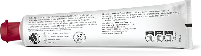 Red Seal Fluoride Free Lemon Toothpaste - Flavored Toothpaste with a Non Mint Taste - Vegan Friendly, Cruelty Free, No Artificial Colors or Flavors, NATRUE Certified Natural, SLS Free, 3.53 oz (2)