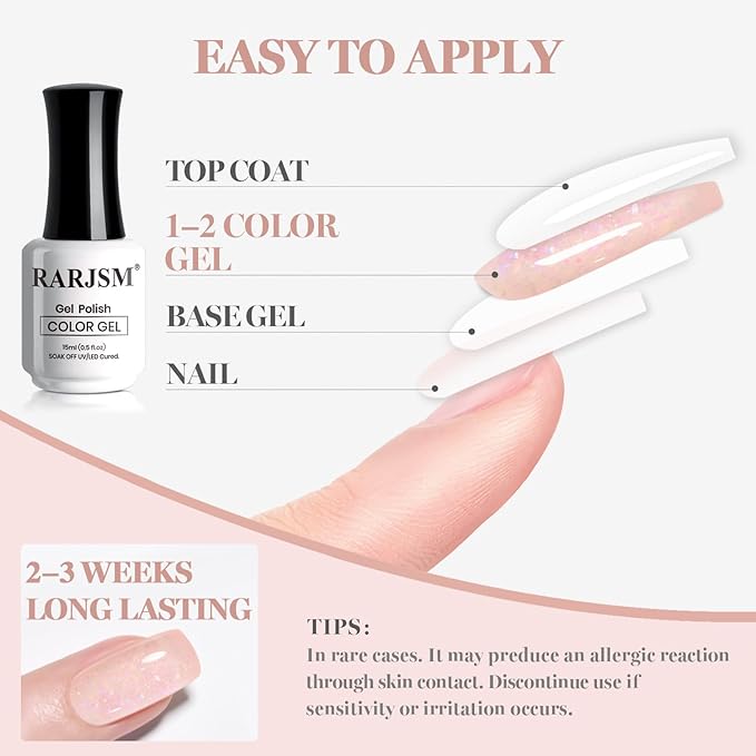 RARJSM Nude Soft Pink Glitter Gel Nail Polish Blue Green Big Rainbow Flakes Finish Shimmer Gelpolish 15ml Soak Off Nuded Skin Tone Color Home Salon French Manicure Varnish Curing Requires