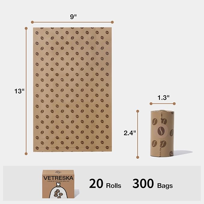 VETRESKA Dog Poop Bags, Coffee Scented Waste Bags, 300 Count | Leak Proof, Extra Thick and Large Pet Bags for Dogs and Cats (20 Refill Rolls)