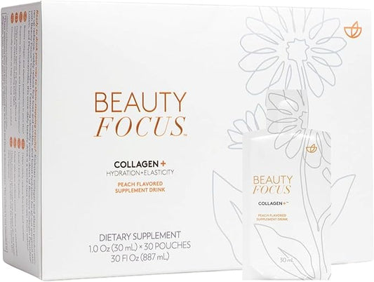 Nu Skin Beauty Focus Collagen+ | Marine Collagen Liquid Supplement with Lutein & Wheat Lipids | Supports Skin Hydration, Elasticity & Smooth Appearance | 30 Pouches | Peach