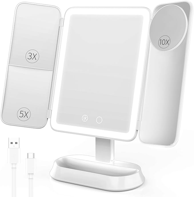 FRANO Tri-Fold Makeup Mirror with Lights, Rechargeable Mirror with 2X/3X/10X Magnification, Portable Vanity Mirror with for Travel/Desk, Gifts for Women Her