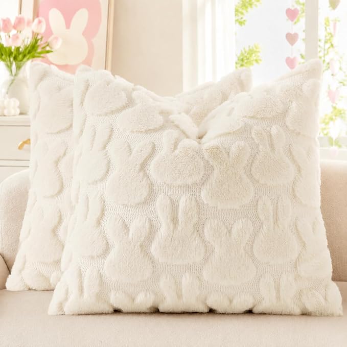 decorUhome Beige Faux Fur Bunny Throw Pillow Covers 16x16 Set of 2 | Plush Soft Wool Jacquard Beige Rabbit Cushion Covers, Modern Farmhouse Easter Holiday Decor PillowCases for Sofa Bed