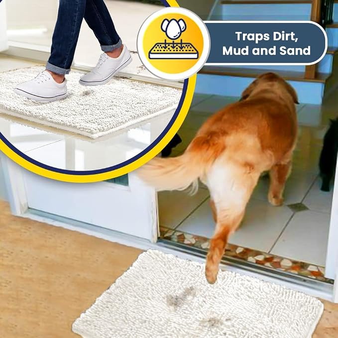 Muddy Mat® | Super Water Absorbent Door Mat Indoor, Microfiber Quick Dry Chenille Entryway Rug, Slip Resistant Front Door Mat, Indoor Mats for Entryway, Machine Washable Pet Rug, White 24" x 96"
