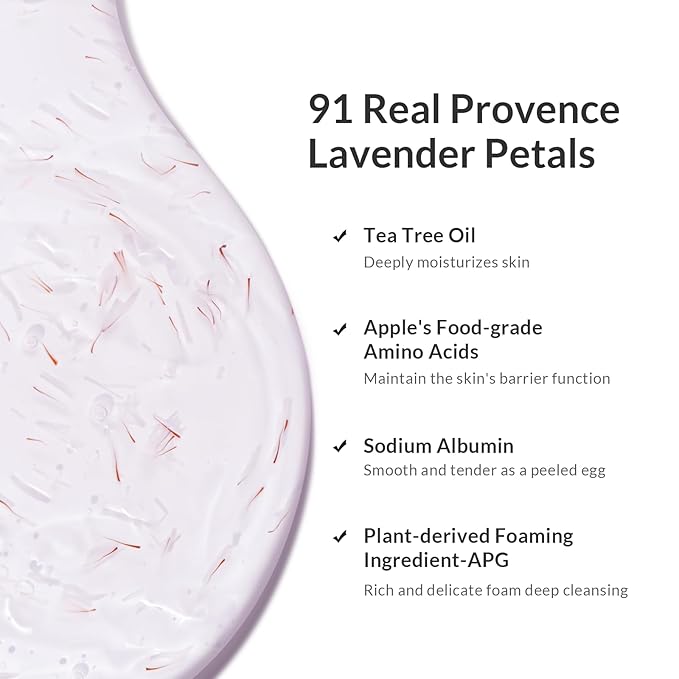 Kustie Lavender Petal Travel Size Body Wash – Visible Provence Petals with Tea Tree Oil | Oil-Control & Pore-Clearing Cleanser for Balanced Skin | Free From Paraben, Sulfate & Phthalate | 3.38 Fl Oz
