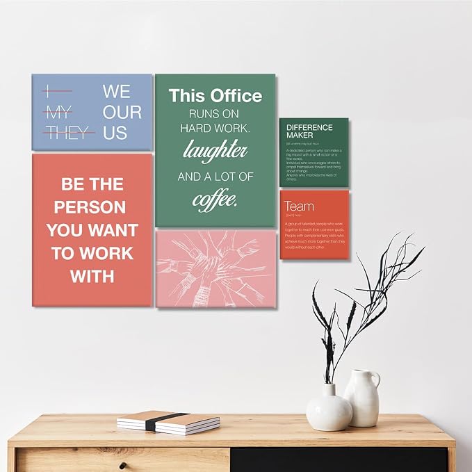 YEOION Motivational Office Wall Art,Inspirational Teamwork Wall Art for Office,Orange And Green Positive Teamwork Wall Decor for Workplace Set of 6