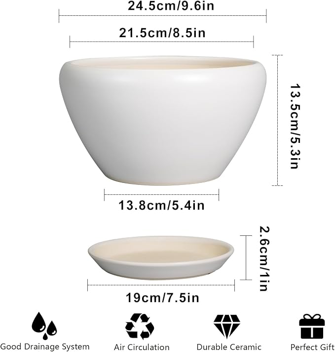 Ceramicfor Ceramic Planter - 9 Inch Plant Pot Indoor with Drainage Hole and Saucer for Outdoor Plants Mid-Century Round Planter Modern Flower Pot for House Garden White