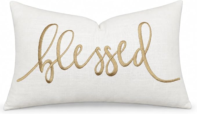 EURASIA DECOR Blessed Embroidered Lumbar Pillow Cover 12x20, Ivory | Raised muted gold script on ivory; scripture faith gift, cotton, hidden zip, solid back, cover only