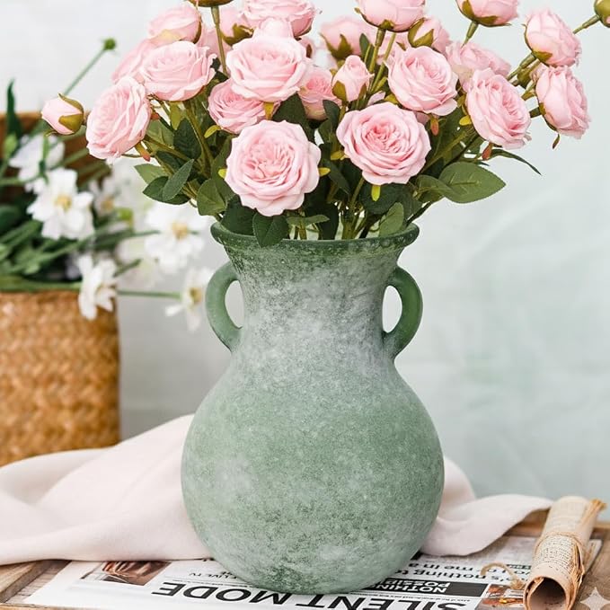 Green Glass Vase with Handles, 7.5 Inch Rustic pottery Style Flower Vase, Vintage Decorative Round Bud Jar for Dried Flowers, Earthy Aesthetic Centerpiece for Modern Farmhouse & Boho Spring Home Decor