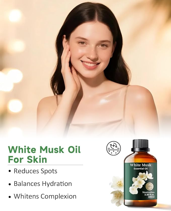 White Musk Fragrance Oil, Soft Scent, Diffuser & DIY, 3.38 Fl Oz | Mumianhua White Musk Oil., Musky Aroma. For Reed Diffuser, Perfume, Skin, Hair & Candle Making