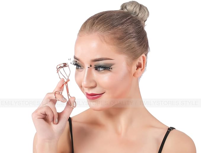 Professional Makeup Tool for Eyelashes with 2 Replacement Silicone Refill Pads Pinch Pain Free Metal Eyelash Curler 1PC, Golden Color