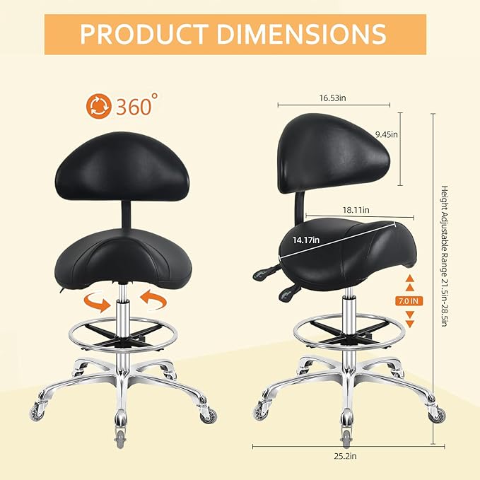 Saddle Stool Chair with Back Support Footrest, Heavy-Duty(350LBS), Hydraulic Rolling Swivel Adjustable Stool Chair for Salon Spa Beauty Massage Dental Clinic Home Office Use(Black)