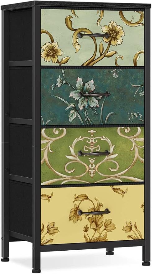 4 Drawer Dresser, Vintage Nightstand, Fabric Chest of Drawers | Vertical Dresser for Bedroom, Storage Tower Units with Fabric Drawers, Small Dressers for Closet, Retro Style, Wooden Top