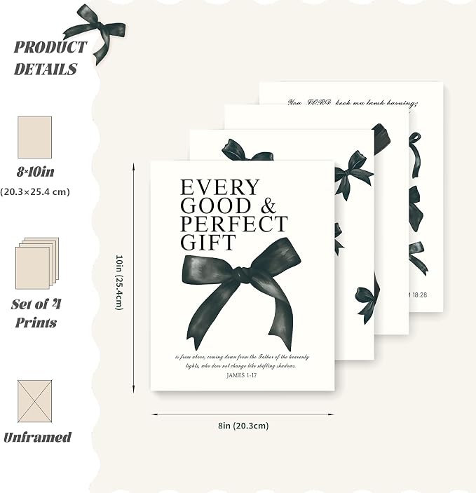 LARTSFRO Coquette Black Bow Christian Gifts Wall Art Decor Posters for Women, Black Bow Bible Room Bedroom Bathroom Dorm Wall Art Decor Aesthetic for Teen Girls Gifts, Inspirational Bible Verses Bow Wall Decor, 10x8 Inch Set of 4 Pcs Bow Pictures (UNFR...