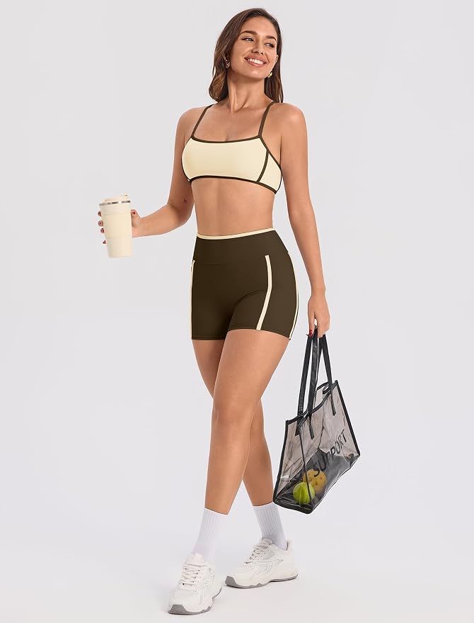 ABOCIW Workout Sets for Women 2 Piece Color Block Strappy Sports Bra High Waist Shorts Gym Yoga Pilates Outfits