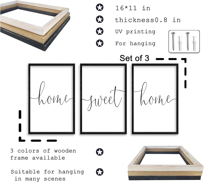 RLWangChao Home Sweet Home Sign Set of 3 Wall Art Decor 16"X11" Black | Vintage, Bedroom Above Bed, Minimalist Modern Living Room, Wooden Framed, Warm And Cozy Family Wall Hanging