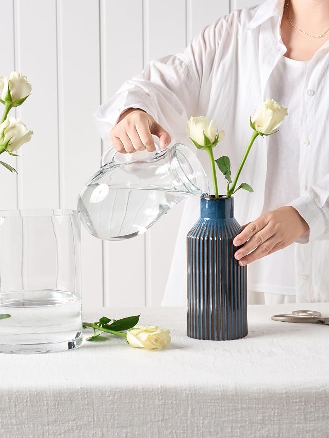 STHIE 8 Inches Ceramic Flower Vase, Blue Vases for Centerpieces | Flambé Reactive Glaze,Minimalist Modern Home Decor, Pampas Grass Vase for Table, Fireplace, Shelf, Mantel, Entryway