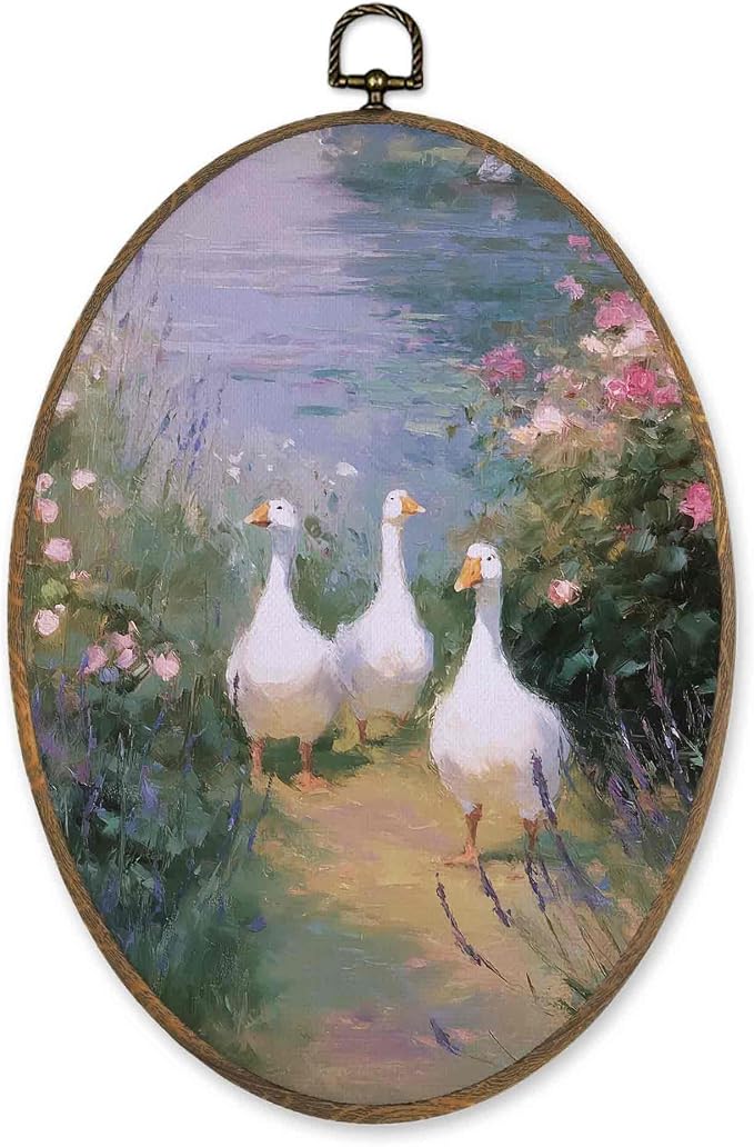LKETW Vintage Rustic Duck Oval Wall Art Decor, Cottagecore Wildflower Duck Oval Canvas Hanging Decor, Farmhouse Goose Farm Animal Wall Decorations for Farmhouse Home Bedroom Living Room, 8.6x11.4 Inch