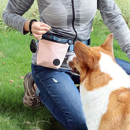 Dog Treat Pouch with Pet Training Clicker, Dog Training Treat Pouch Kit, Magnetic Closure, Hands-Free Training (Pink)