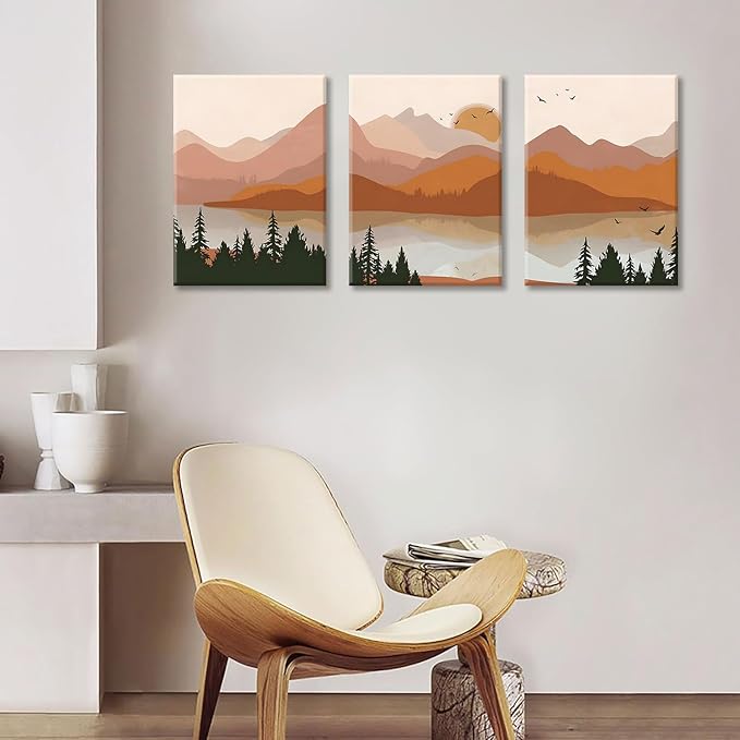Bwodke Orange Mountain Canvas Wall Art Set of 3, 16x24 inch | Boho Watercolor Wall Decor, Orange Mountain Sun Forest Prints, Living Room Bedroom Office Art