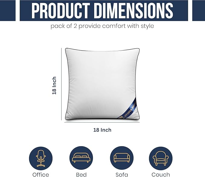 Utopia Bedding 18x18 Throw Pillow Inserts, Decorative Pillows, Pack of 2 | Piping Throw Pillows, Plush & Supportive, Aesthetic Cushion Sham Stuffer for Sofa, Office, Couch & Bed, Set of 2, White