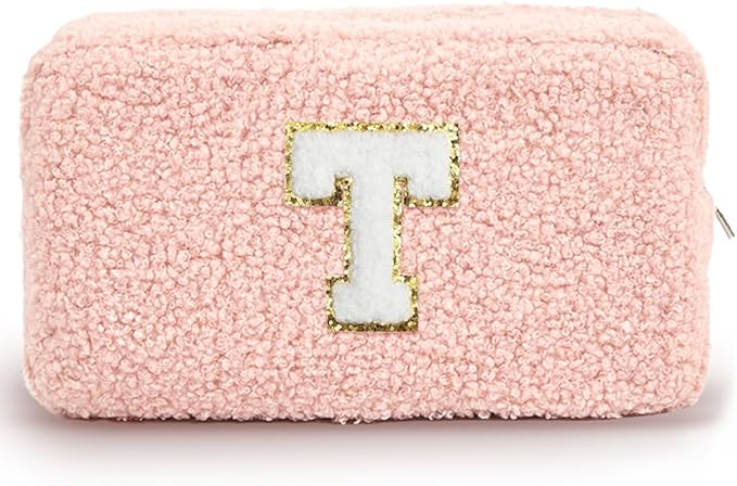 Cute Makeup Bag, Initial Cosmetic Bag, Fuzzy Makeup Bags for Women, Preppy Pink Makeup Pouch with Chenille Letter, Personalized Gifts for Women, Pink T