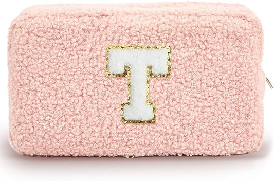 Cute Makeup Bag, Initial Cosmetic Bag, Fuzzy Makeup Bags for Women, Preppy Pink Makeup Pouch with Chenille Letter, Personalized Gifts for Women, Pink T