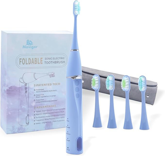 Movigor Foldable Electric Toothbrush for Adults – Dual UV Sanitization, 272 Sonic Modes, USB-C Rechargeable, 4 Brush Heads, Leather Travel Case, Portable Blue Toothbrush