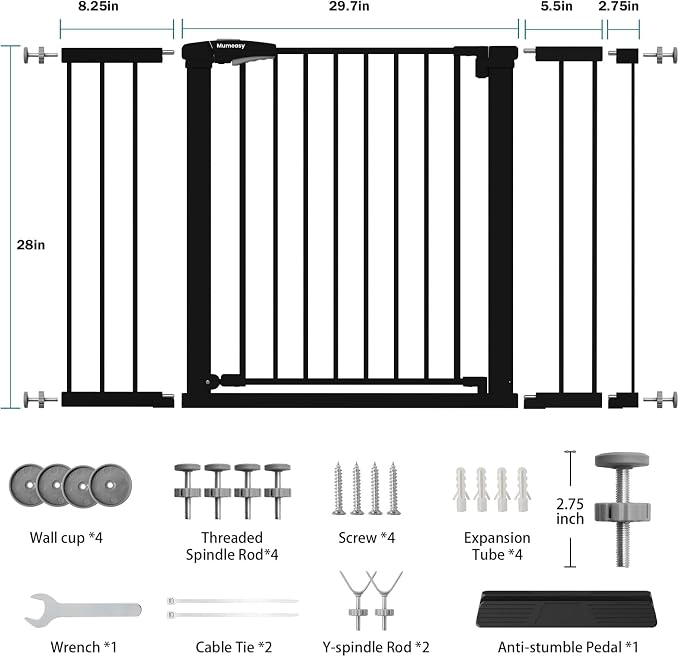 Mumeasy 29.7–48" Baby Gate for Stairs, Dog Gate for Doorways, Auto Close Child Gate, Indoor Safety Pet Gate with Walk Thru Door, Easy Install Pressure Mounted Extra Wide Gate for Kitchen, House, Black