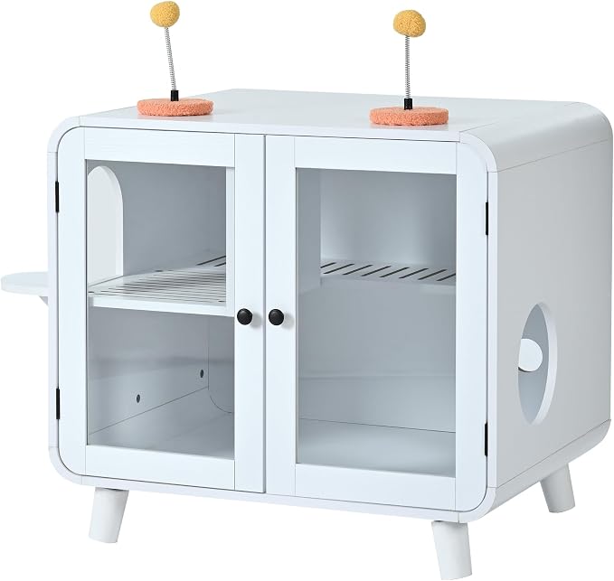 TV-Style Cat Cabinet with Side Steps, Litter Walkway, Dual Glass Doors, RGB Ambient Lighting, Interactive Pom-Pom Toys, Indoor Cat House Side Table, MDF & Glass Construction, White
