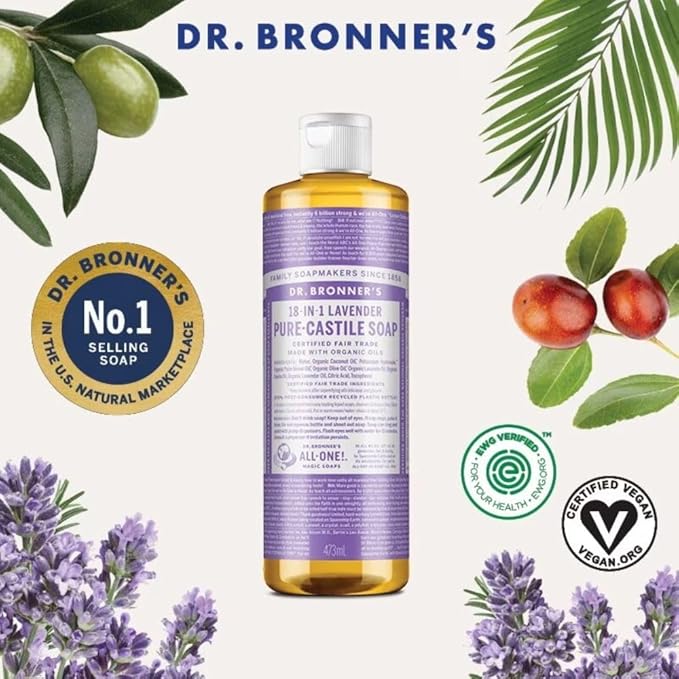 Dr. Bronner's - Pure-Castile Liquid Soap (Lavender, 16 ounce) - Made with Organic Oils, 18-in-1 Uses: Face, Body, Hair, Laundry, Pets & Dishes, Concentrated, Vegan, Non-GMO