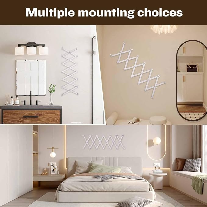 SCUNDA Accordion Wall Hanger with 20 Hooks, Wooden Wall Expandable Coat Rack for Coat, Hats, Baseball Caps, Coffee Mug, Jewelry(Ruist White)