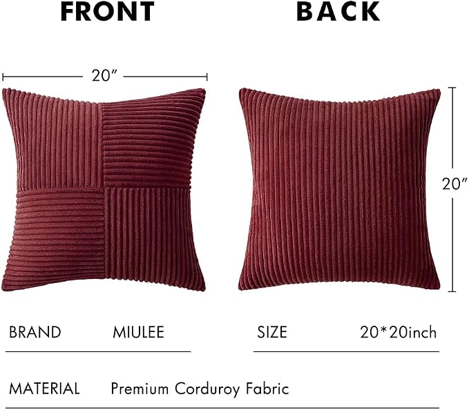MIULEE Burgundy Decorative Throw Pillow Covers for Couch 20x20 Inch | 2 Pack, Boho Farmhouse Pillow Covers, Soft Cross Corduroy Patchwork Textured Cushion Cases For Bed Sofa