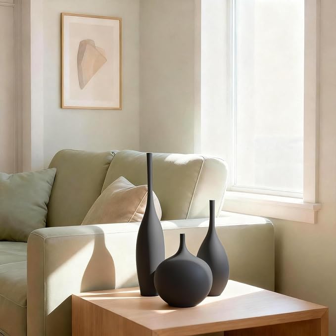 Relexome Black Ceramic Vase Modern Boho Wabi-Sabi Flower Vase Set of 3 Decorative Aesthetic Vases for Centerpieces Matte Minimalist Vases for Living Room Table Shelf Home Decor Gift