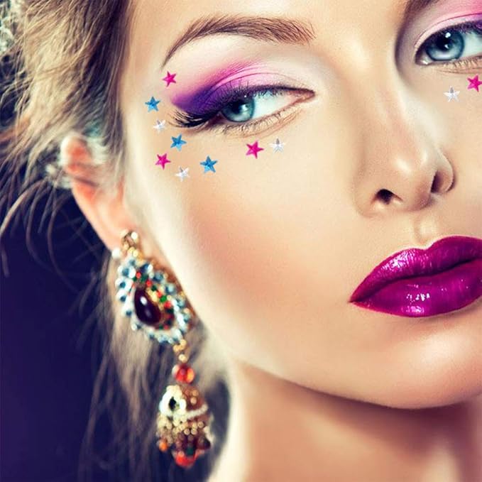 Eye Corners Face Jewels White Red Blue Star 4th of July Face Gems Tattoo Decorations Jewels Body Glitter Crystal Sticker Temporary Face Tattoo for 4th of July Costume Accessories, 2-Pack