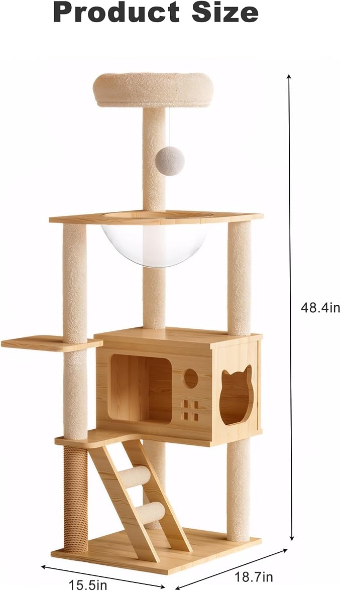 Cat Tree & Litter Box Enclosure,Modern All-in-one Indoor Cats Tower with Large Platform, Cat Condo with Wood House, Food Station, Hammocks (45.8“)