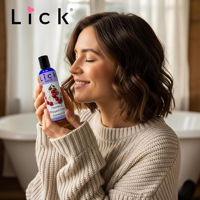 LICK Cherries & Whipped Cream Scented Body Oil – Non-Greasy Daily Hydration with Almond Oil & Vitamin E – 4 oz
